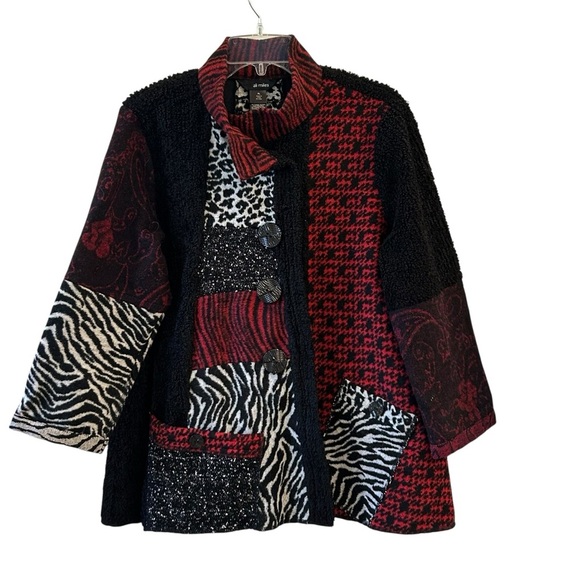 Ali Miles Black/Red/White Mixed Texture Animal/Tweed/Plaid Patchwork Jacket Coat - Picture 1 of 7